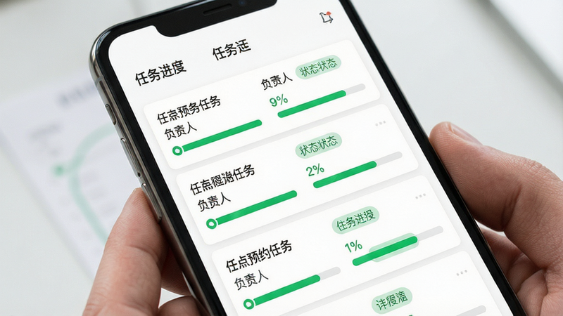 动点预约任务追踪界面展示,主体为手机屏幕,显示任务列表,每项任务包含标题、负责人、状态标签与进度条,布局网格化,排版整齐,风格商务简约,白色背景,细节处有绿色进度条,画质高清,干净无杂乱,文字“任务进度”清晰