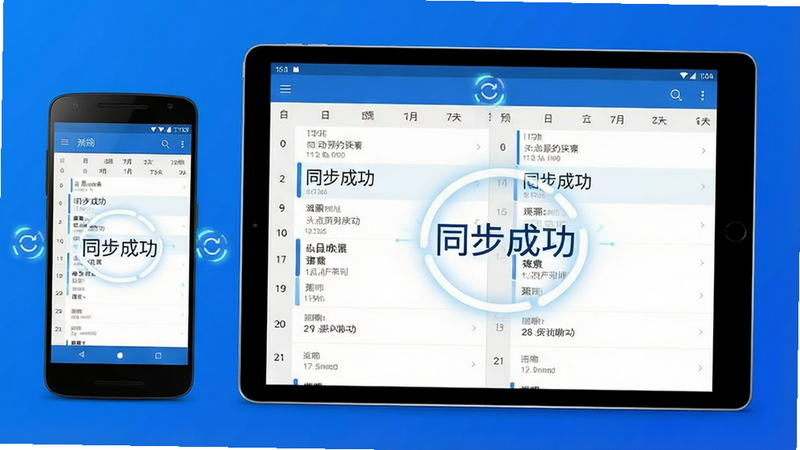 动点预约软件多设备同步示意图,主体为一部安卓手机和一台平板并列放置,屏幕显示相同的日程列表,布局对称,排版整齐,风格科技简约,蓝色背景,细节处有同步图标闪烁效果,画质高清,干净无杂乱,文字“同步成功”清晰可见