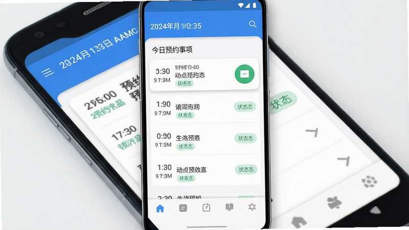 一张展示动点预约软件主界面的高清截图,主体为安卓手机屏幕,布局清晰,顶部显示日期与时间,中间列出今日预约事项列表,每项包含时间、标题与状态标签,底部为导航栏,风格现代简约,蓝色为主色调,细节处有柔和阴影,画质清晰,无多余元素,文字清晰可读