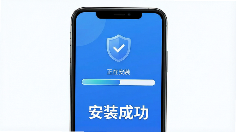 动点预约安卓手机安装界面示意图,主体为手机屏幕,显示“正在安装”进度条,布局简洁,风格现代,蓝色主色调,细节处有安全盾牌图标,画质清晰,无多余元素,文字“安装成功”醒目