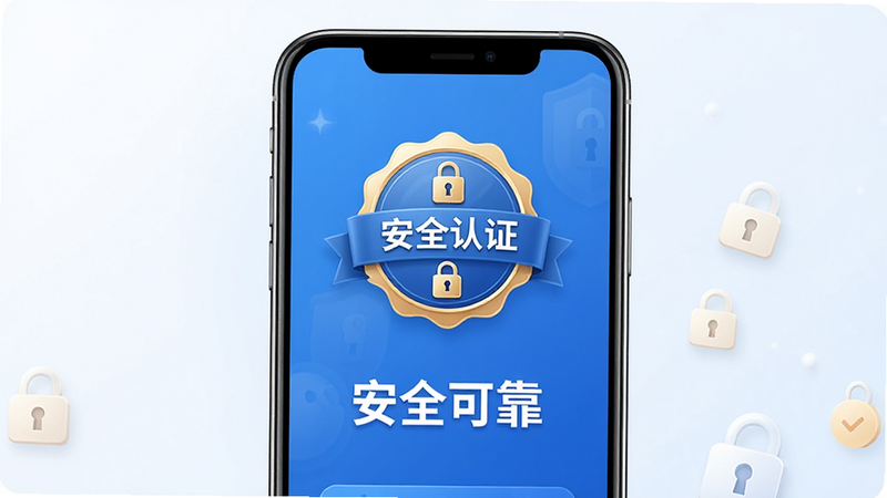 动点预约安全认证界面展示,主体为手机屏幕,显示“安全认证”徽章,布局居中,风格信任感强,蓝色背景,细节处有锁形图标,画质高清,干净无杂乱,文字“安全可靠”清晰