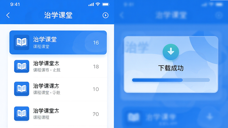 主体为治学课堂APP界面高清预览图,布局呈扁平化设计,左侧显示课程列表,右侧展示课件下载进度条,排版整洁,风格为现代科技蓝白配色,细节包含清晰的中文字体“治学课堂”和“下载成功”图标,画质4k高清,干净无多余元素