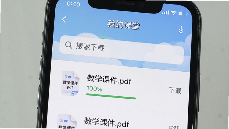 主体为手机屏幕特写,显示治学课堂APP内的“我的下载”页面,布局上下结构,上方为搜索栏,下方为文件列表,排版紧凑,风格为极简UI设计,细节显示文件名为“数学课件.pdf”和下载状态“100%”,画质清晰,干净无水印