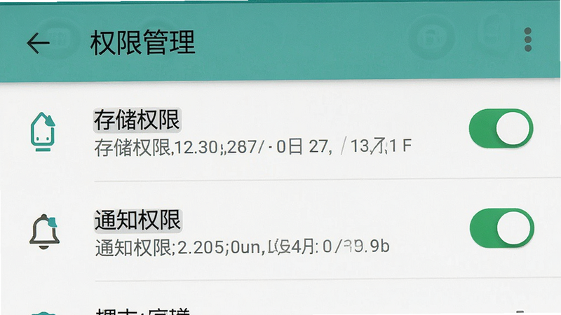 主体为安卓手机设置界面截图,布局为列表式,显示“权限管理”页面,排版标准,风格为系统原生UI,细节高亮显示“存储权限”和“通知权限”开启状态,画质清晰,干净无多余图标