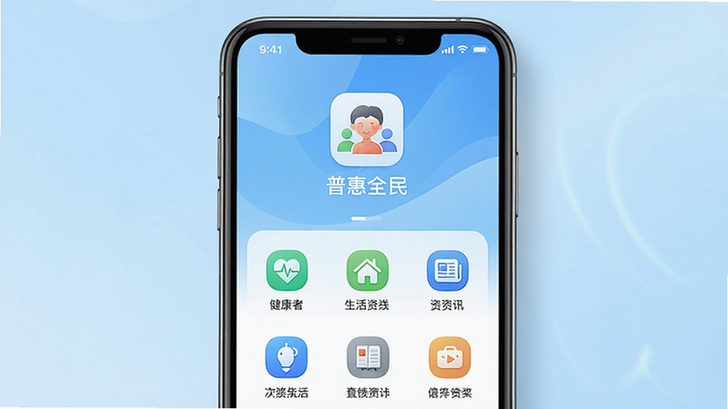 һ��չʾ���ջ�ȫ��APP������ĸ���Ԥ��ͼ������Ϊ�ֻ���Ļ������Ϊǳ��ɫ���䣬��Ļ������ʾAPPͼ������ơ��ջ�ȫ�񡱣��·������ż������Ĺ������ͼ�꣬�罡���������Ѷ�ȣ����������ִ���UI����������޶���Ԫ�أ����廭��