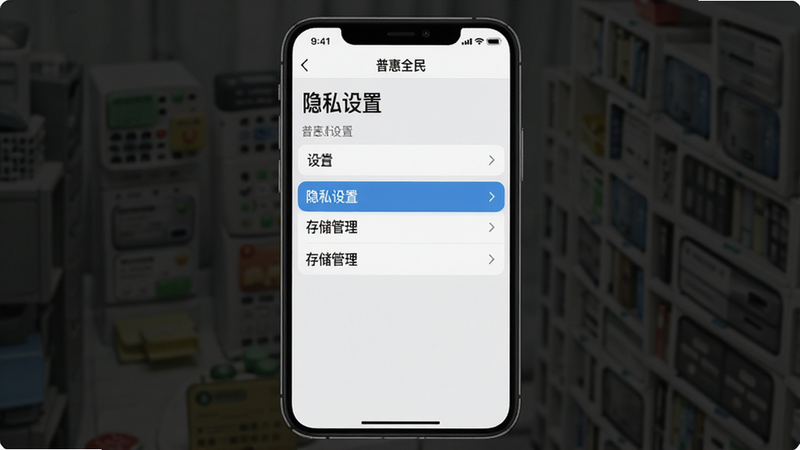 һ���ֻ���ͼ����ʾ��ͼ��չʾ���ջ�ȫ��APP�����ý��棬�ص������ʾ����˽���á��͡��洢������ѡ������࣬��������������Ϊ��ɫ������������Ԫ�أ�����ϸ��