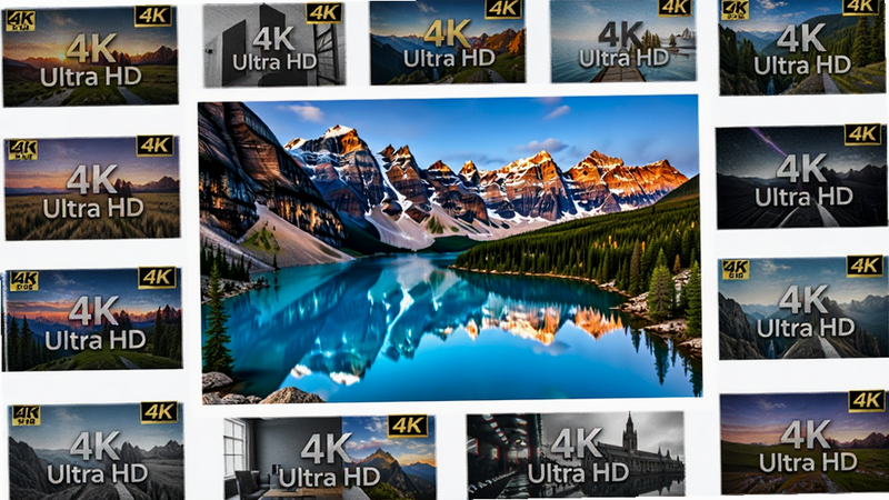 չʾ����4K�����ֽ��ƴ�������м�ͻ����ʾһ�Ÿ���羰ͼ����Χ�����Ų�ͬ��������ͼ�����ֱ�ע��4K Ultra HD��������Ϊ����ɫ���Ű����룬ɫ�����ޣ�ϸ�ڷḻ��רҵ��Ӱ������