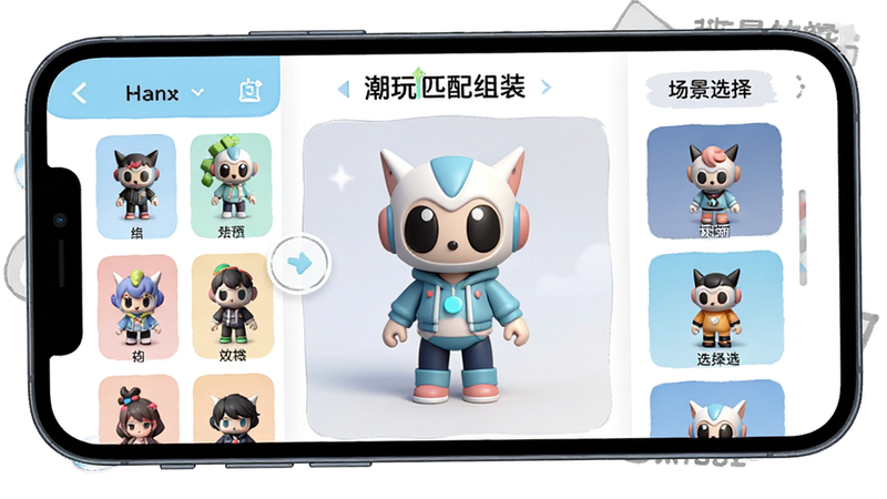 ����Ϊ�ֻ���Ļ��д��չʾ'����ƥ����װ'APP���棬�������������Ϊ��ɫ�б����м�Ϊ3D����ģ��Ԥ�������Ҳ�Ϊ����ѡ���������Ϊ���¶���Ԫ��ϸ�ڷḻ�����ʸ��壬�ɾ��޶���Ԫ��