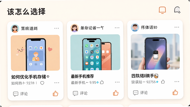 ������ôѡ��APP�����������棬������ʾ�����������ӿ�Ƭ���������������Ż��ֻ��洢�����������ֻ��Ƽ����ȣ��ײ������۵���ͼ�꣬�����ܰ�Ѻã�ɫ����ͣ�ϸ�ڴ����û�ͷ�񣬻����������ɾ�