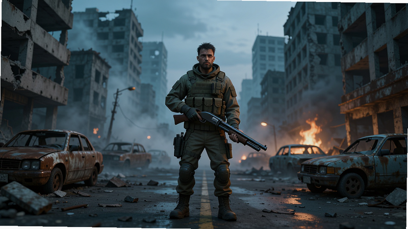 Boogu-Image: A high-quality, cinematic wide shot of a post-apocalyptic city street. The central subject is a rugged survivor wearing tactical gear and holding a shotgun, standing in the middle of the road. Background features crumbling concrete buildings, abandoned rusted cars, and thick fog. Lighting is moody, with a mix of cold blue ambient light and warm orange highlights from distant fires. Style is realistic digital painting, highly detailed textures, 8k resolution, clean composition, no text, no watermarks.