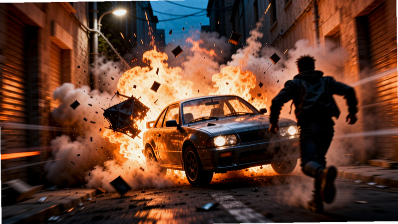 Boogu-Image: Dynamic action shot of a car exploding in a narrow alleyway. Debris flying, flames erupting, and dust clouds rising. A silhouette of a character running away in the foreground. Dramatic lighting, intense colors, motion blur effect to show speed, realistic fire simulation, high contrast, 8k detail, no text.