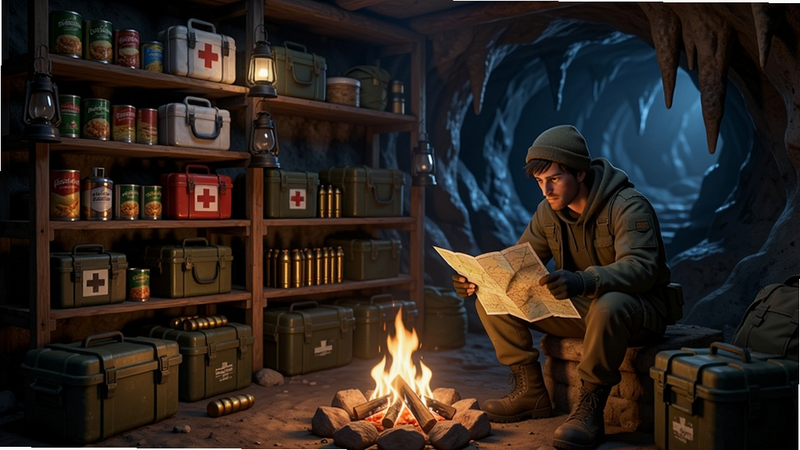 Boogu-Image: A dimly lit underground shelter interior. Shelves stocked with canned food, medical kits, and ammunition boxes. A character is sitting by a small fire, checking a map. Warm firelight contrasts with the cold blue shadows of the cave. Cozy yet tense atmosphere, detailed props, realistic lighting, 8k resolution, no text.