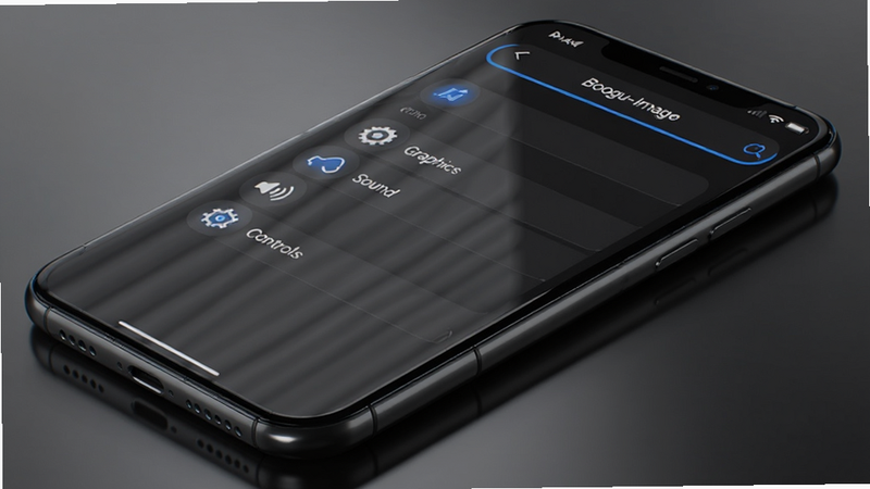 Boogu-Image: A mobile phone screen displaying a settings menu with icons for graphics, sound, and controls. The interface is clean, dark mode, with blue accent colors. Realistic phone mockup, soft studio lighting, reflection on the screen, 8k resolution, no text.