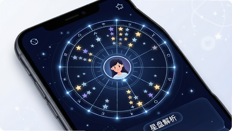 生成一张星盘解析功能的示意图,主体为手机屏幕中的星盘模块,布局呈圆形放射状,中心是用户头像,周围环绕着不同亮度的星星代表行星,排版对称美观,风格科技感与神秘感结合,细节处有光晕效果,画质高清,干净无杂乱线条,文字标注“星盘解析”