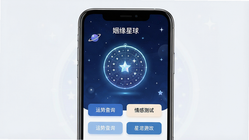生成一张高清晰度的移动应用界面展示图,主体为手机屏幕,显示姻缘星球APP的主界面,背景是深邃的星空蓝色调,布局简洁现代,顶部有软件名称“姻缘星球”,中间是一个发光的星盘图标,下方排列着“运势查询”、“情感测试”等按钮,风格扁平化,细节精致,画质高清,干净无多余元素,文字清晰可读