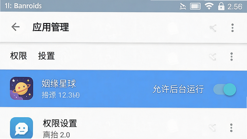 生成一张手机设置界面的示意图,主体为安卓系统的“应用管理”页面,布局为列表形式,高亮显示“姻缘星球”应用条目,右侧有“允许后台运行”的开关处于开启状态,风格简洁扁平,细节清晰,画质高清,干净无干扰元素,文字标注“权限设置”