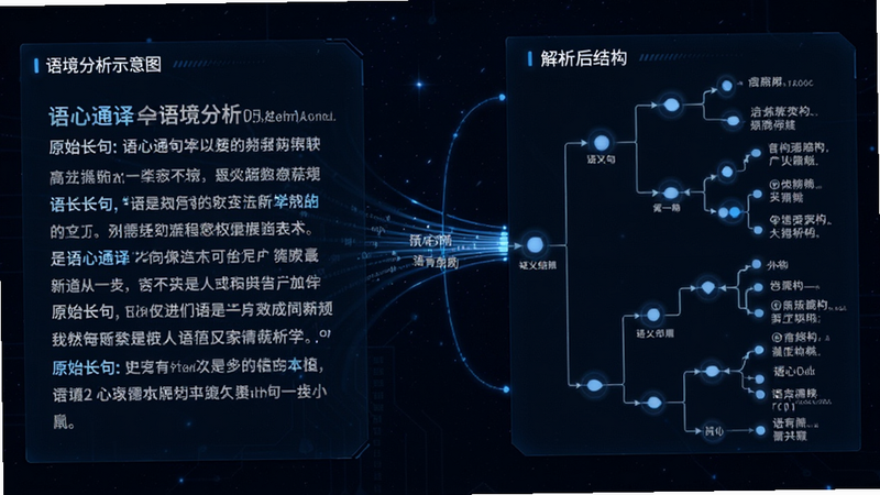 主体为语心通译的语境分析示意图,布局左侧为原始长句文本,右侧为解析后的结构树状图,中间通过发光线条连接表示数据流转,背景为深空蓝科技风格,细节展示关键词高亮与语义节点,风格专业严谨,画质清晰,无杂乱装饰