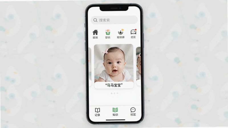 手机屏幕展示马宝宝APP主界面,白色背景,顶部显示搜索栏和分类图标,中间是宝宝照片卡片,底部有记录、知识、社区三个导航按钮,扁平化设计,高清,干净,无多余元素,文字加引号
