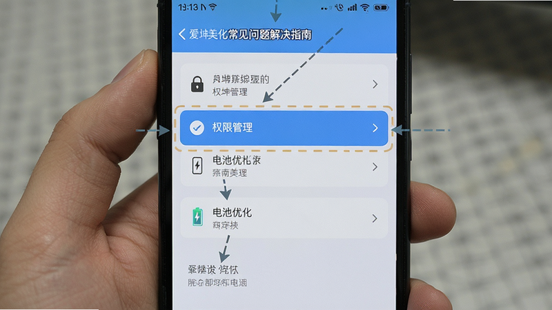 爱坤美化常见问题解决指南,手机屏幕显示设置界面,重点高亮“权限管理”与“电池优化”选项,界面清晰,文字可读,布局垂直排列,风格实用,细节标注明确,画质清晰,干净无多余元素