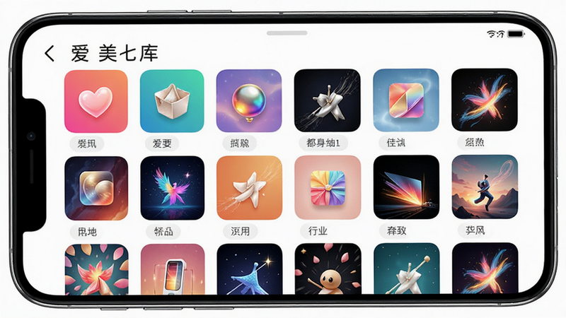 爱坤美化素材库界面,手机屏幕展示网格排列的精美图标与壁纸缩略图,色彩鲜艳,分类标签清晰可见,布局规整,风格时尚,细节精致,画质清晰,干净无多余元素