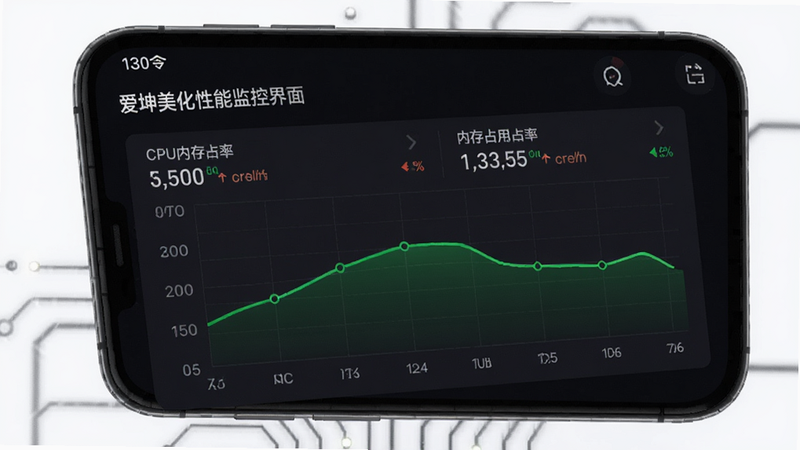 爱坤美化性能监控界面,手机屏幕显示CPU与内存占用率图表,数值保持在低位,绿色线条平滑,背景为深色模式,布局紧凑,风格科技感,细节数据准确,画质清晰,干净无多余元素