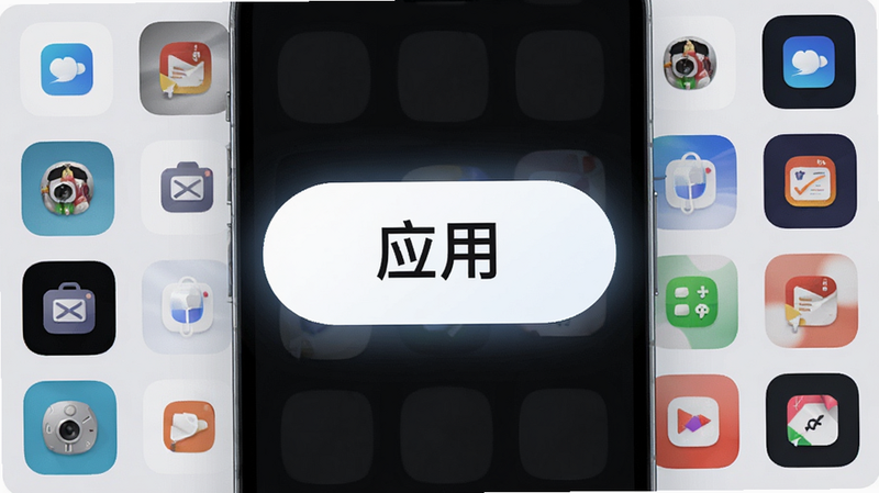 爱坤美化一键应用操作界面,手机屏幕中央显示大大的“应用”按钮,周围环绕着已选中的图标素材,界面简洁明了,按钮高亮显示,布局中心对称,风格现代,细节平滑,画质高,干净无多余元素