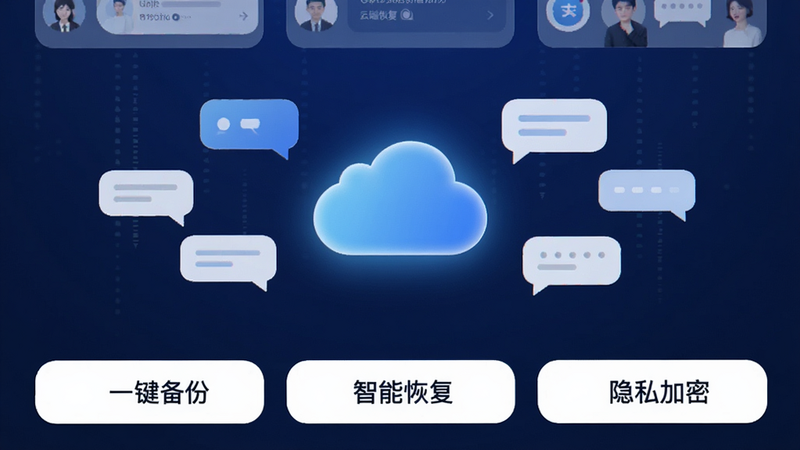 展示微聊天备份云端记录App的主界面,采用现代简约科技风格,深蓝色背景搭配白色卡片式布局。中心是一个发光的云朵图标,周围环绕着代表聊天气泡的图形,底部有“一键备份”、“智能恢复”、“隐私加密”三个功能按钮,整体视觉清晰,高清,无杂乱元素,文字清晰可读