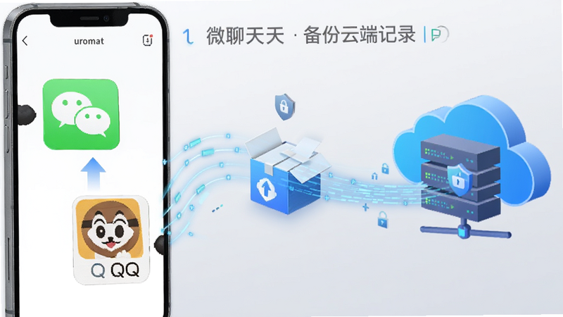微聊天备份云端记录 的功能演示图,左侧显示手机屏幕,右侧显示云端服务器图标,中间用流动的数据线条连接,展示微信和QQ的聊天图标正在被打包上传,背景为浅灰色渐变,突出数据传输的安全与稳定,细节丰富,画面整洁