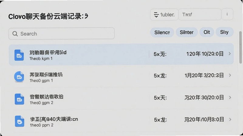 微聊天备份云端记录 的云端文件列表预览图,显示多个备份文件,包含文件名、大小和日期,界面整洁有序,配有搜索框和筛选标签,强调数据管理的便捷性,高清细节,色彩柔和,无多余装饰