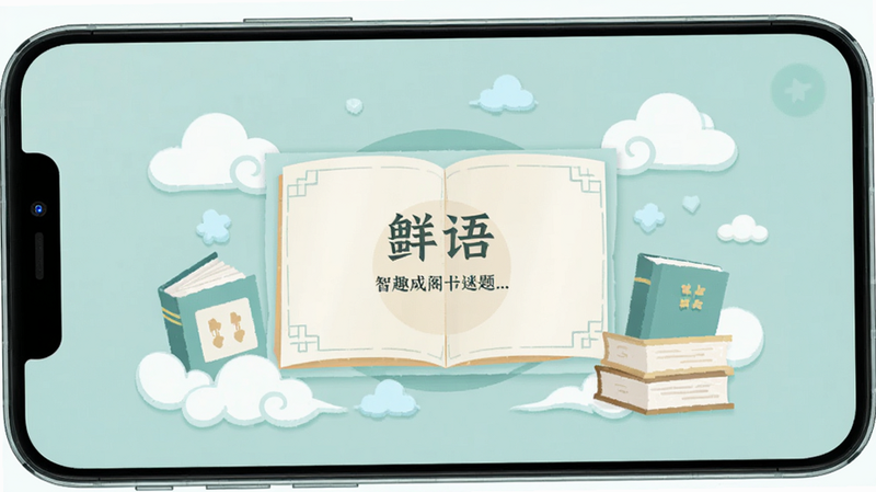 手机屏幕展示智趣成语阁安卓界面,主色调为淡雅青绿色,中央显示一个成语谜题卡片,周围环绕着云朵和书本元素,布局简洁,排版清晰,风格扁平化插画,细节精致,画质高清,干净无多余元素