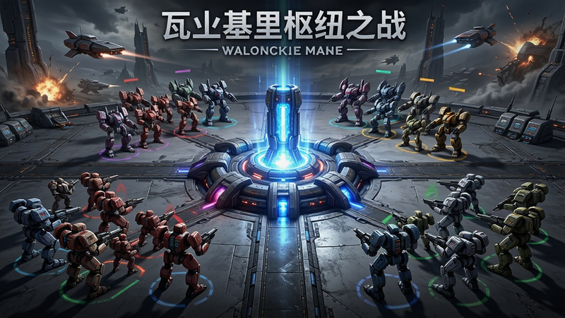 主体为《瓦尔基里枢纽之战》游戏的主界面,展示宏大的科幻战场背景,中央是发光的枢纽节点,周围分布着不同阵营的机甲部队,布局呈对称式战略部署,排版清晰,风格为硬核科幻写实,细节丰富,画质4K,干净无多余元素
