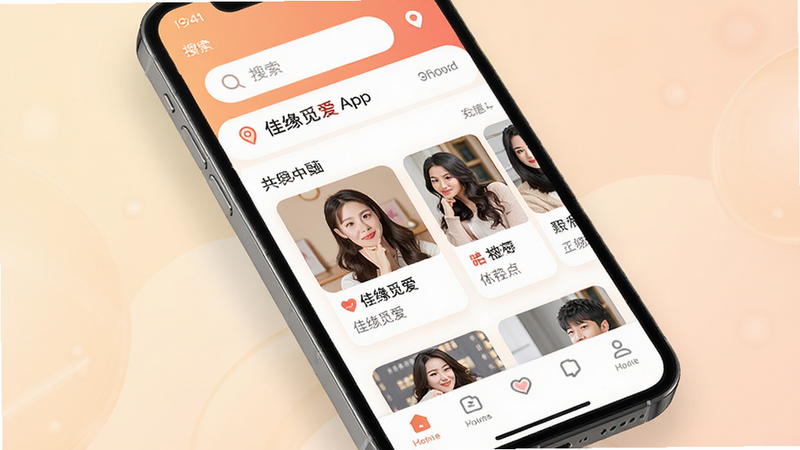 ����Ϊ�ֻ���Ļ��ʾ��Ե�ٰ�App��ҳ������������������ʾ�������붨λ���в�չʾ�Ƽ��û���Ƭ���ײ�Ϊ������������ִ���Լ��ϸ�ڰ�����͵�ůɫ��������������UIͼ�꣬���ʸ��壬�ɾ����޶���Ԫ�أ����ְ���