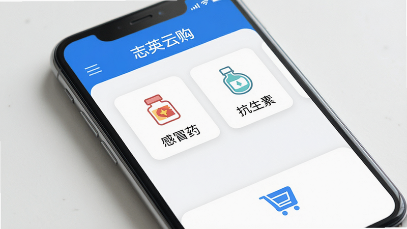一张高清智能手机正面特写,屏幕显示“志英云购”APP首页,界面为白色背景,顶部有蓝色导航栏,中间展示药品分类图标如“感冒药”、“抗生素”,底部为购物车图标,整体风格简洁现代,无多余装饰,高清写实风格,柔和光照