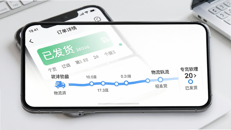 手机APP订单详情页,显示订单状态为“已发货”,下方有物流轨迹时间轴,图标清晰,界面布局规整,蓝色进度条,白色背景,专业商务风格,高清渲染