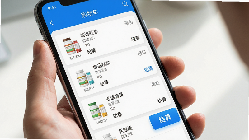 手机APP购物车页面,显示多个药品列表,右侧有“结算”按钮,界面整洁,蓝色主色调,按钮高亮显示,手机握持视角,光影自然,高清晰度,无噪点