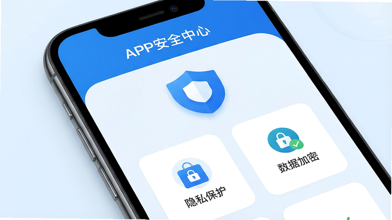 手机APP安全中心页面,显示“隐私保护”、“数据加密”等图标,蓝色盾牌标志,背景淡蓝,文字清晰,风格专业可信,高清渲染,无多余装饰