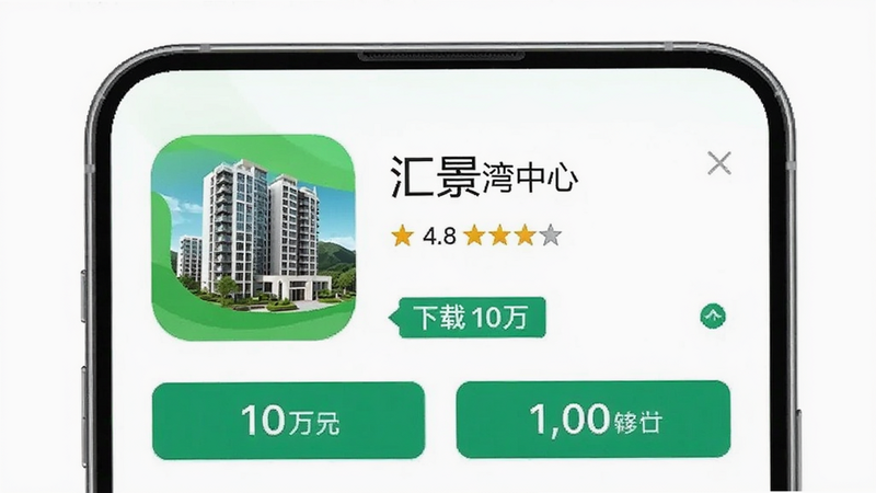 手机应用商店评分界面,显示“汇景湾中心”评分4.8星,下载量超过10万,界面绿色主题,简洁明了,高清,无杂色