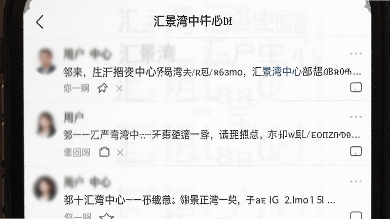 手机应用社区页面截图,显示“汇景湾中心”邻里圈,有几条用户发布的帖子,头像模糊处理,界面整洁,白色背景,黑色文字,图标清晰,高清,细节丰富