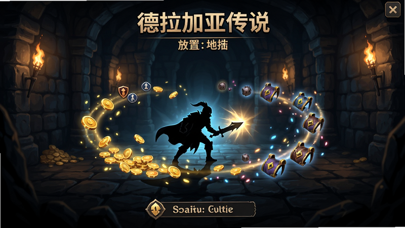 主体为游戏《德拉加亚传说:放置地牢》的主界面概念图,背景是深邃的地牢场景,中央显示角色战斗剪影,周围环绕着金币、经验值和装备掉落的光效粒子,布局中心对称,排版清晰,风格为奇幻写实风,细节丰富,画质8k高清,干净,无多余元素