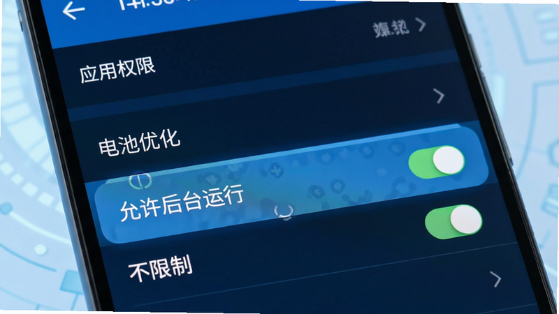 主体为手机设置界面截图,显示“应用权限”与“电池优化”选项,高亮显示“允许后台运行”与“不限制”开关,背景为淡蓝色科技风,布局为列表形式,排版清晰,风格为UI设计,细节准确,画质高清,干净,无多余元素