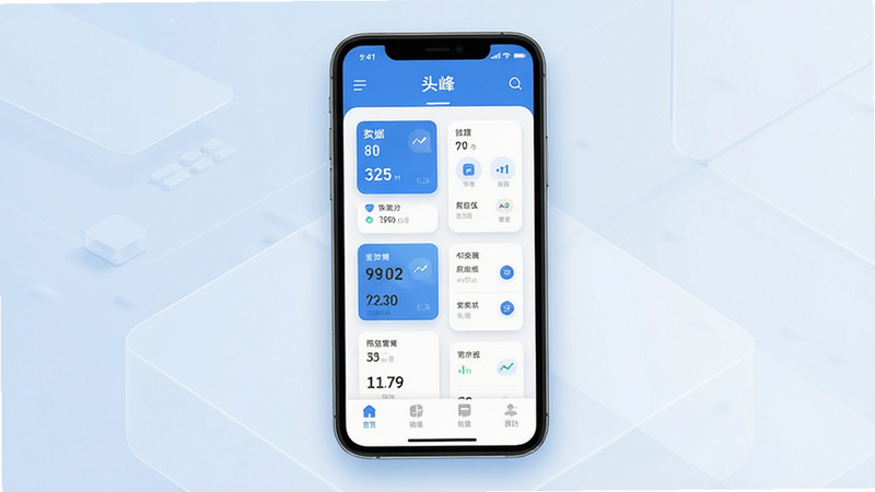 生成一张现代风格的移动应用界面预览图,主体为手机屏幕显示着名为“头峰”的应用主界面,界面布局简洁,顶部有清晰的导航栏,中间是卡片式的数据展示模块,底部是功能标签栏。整体色调为清新的蓝白配色,体现科技感与专业性。画面风格扁平化,细节处有柔和的阴影效果,画质高清,干净无多余装饰元素,突出软件的易用性和美观度。