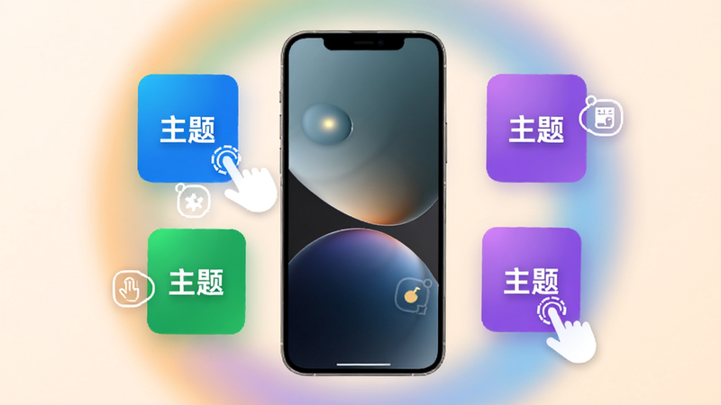 展示一个手机界面的定制过程,主体是手机屏幕,旁边漂浮着几个颜色鲜艳的主题色块,如蓝色、绿色、紫色,色块上标有“主题”字样。背景是柔和的渐变光晕,布局呈环形围绕手机,风格温馨且现代。细节处有手指点击的图标示意,画质精致,干净利落,体现个性化服务的便捷。