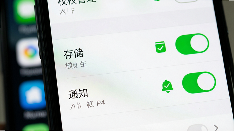 展示手机设置界面的特写,主体是权限管理列表,其中“存储”和“通知”权限开关处于开启状态,绿色高亮显示。背景是模糊的手机桌面,布局垂直排列,风格简洁明了。细节处有绿色的对勾图标表示权限已授予,画质清晰,无多余干扰元素,强调安全与合规。