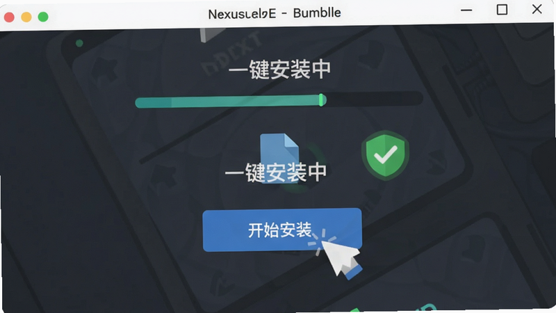 主体为Nexus Rumble安装器一键安装流程演示图,布局展示点击“开始安装”按钮后的动态效果,排版聚焦于中央操作区域,风格为扁平化设计,细节包括进度条动画、文件校验图标、成功对勾标志,画质清晰,干净无多余元素,文字显示