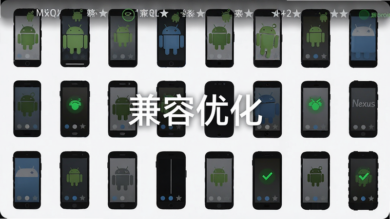 主体为Nexus Rumble安装器兼容性测试报告图,布局展示多型号手机图标排列,排版整齐有序,风格为极简科技风,细节包括Android版本标识、兼容性评分星级、绿色通过状态灯,画质高清,干净无多余元素,文字显示