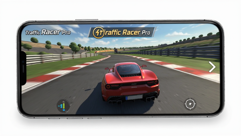 һ���ִ������ֻ������ճ֣���Ļ����ʾ Traffic Racer Pro ��Ϸ���棬һ����ɫ�ܳ�������������ʻ���ֻ��߿���ϸ������Ϊ����ɫ����Ӱ��ͣ�ͻ���ֻ���Ļ��ʾЧ������Ʒ��Ӱ��񣬸ɾ����