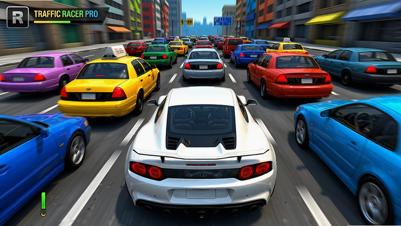 Traffic Racer Pro ��Ϸ��ͼ����Ҽ�ʻ�İ�ɫ�ܳ����ڳ�Խһ����ɫ���⳵����Χ�ж���������ɫ�������������ܼ����ӽ�Ϊ�����˳ƺ󷽸��棬���涯��ʮ�㣬�ٶȸ�ǿ�ң�ɫ�ʶԱ���������ͼ���գ������ָ��ţ���������