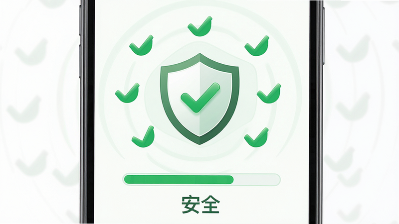 ����Ϊ�ֻ���ȫɨ����棬����Ϊ����ͼ����У���Χ������ɫ�Թ�����ʾ��ȫͨ�����Ű�Գƣ��Ӿ�������ȷ�����Ϊ�������θ���ƣ���ɫΪ��ɫ�������ݰ�ȫ�źš�ϸ�ڰ���ɨ��������͡���ȫ�����������ʸ��壬�ɾ����޶���Ԫ�ء�