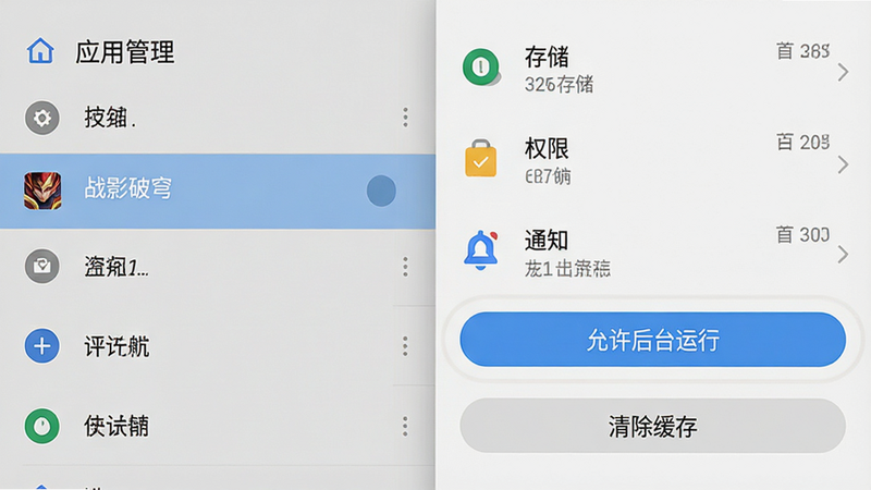 主体为手机系统设置界面截图风格。显示“应用管理”列表,高亮显示“战影破穹”选项。右侧弹出详细设置页,包含“存储”、“权限”、“通知”等选项。重点高亮显示“允许后台运行”和“清除缓存”按钮。背景为简洁的浅灰色,文字清晰易读,图标为扁平化设计。风格为现代UI设计,干净利落,无阴影干扰,强调操作指引。画质清晰,文字边缘锐利。