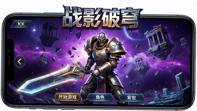 主体为一部智能手机屏幕,屏幕上显示着游戏《战影破穹》的主界面。画面中央是一名身穿重型铠甲、手持巨大光剑的战士角色,背景是破碎的紫色星空与悬浮的古代遗迹。屏幕上方有清晰的“战影破穹”四个大字Logo,字体带有金属光泽和裂纹效果。界面底部有“开始游戏”、“角色”、“背包”等按钮。整体风格为3D写实渲染,光影效果强烈,色彩以深紫、金黄和冷蓝为主。画质4K,细节丰富,干净无多余元素,高对比度,突出科技感与史诗感。
